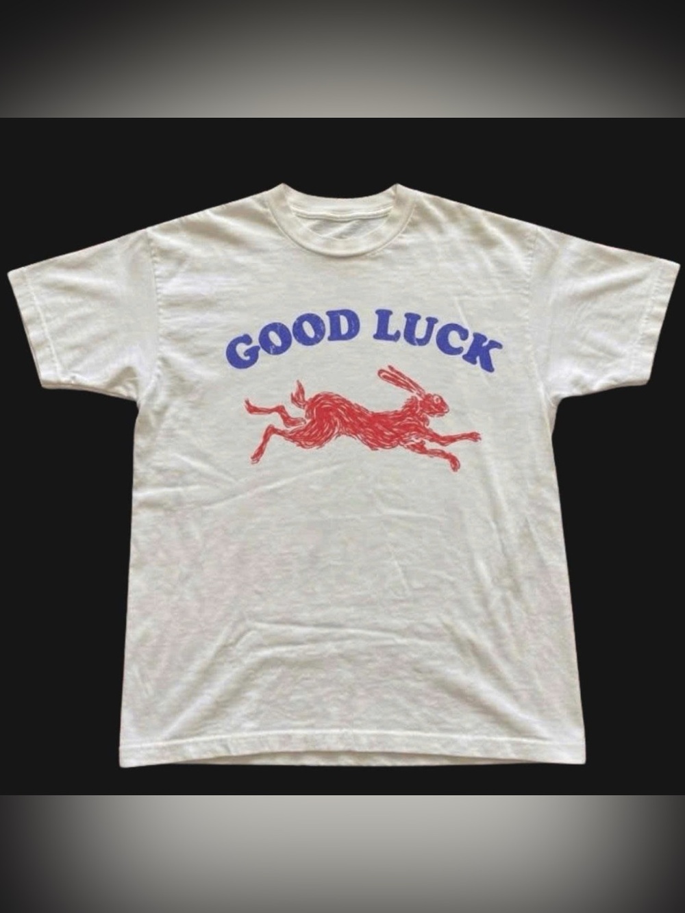 Gildan White Tee with Blue 'GOOD LUCK' and Red Rabbit Graphic